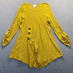 Peck‎ & Peck Women’s Top Tunic Mustard Size LRetro BOHO Crinkle Asymmetrical